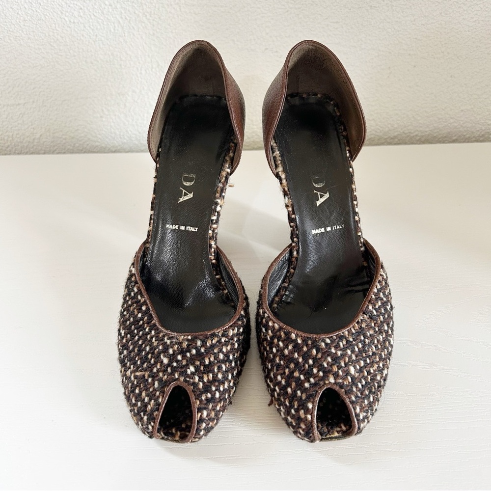 Prada Vintage Brown Tweed Peep Toe Heels Sculpted Heel Size EU 37.5 - Picture 5 of 10